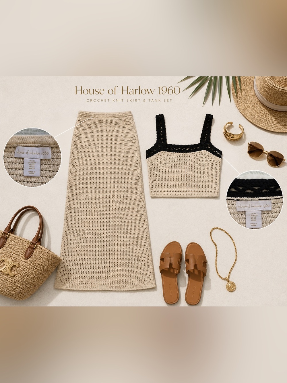 House of Harlow 1960 Cream Crochet Tank & Maxi Skirt Two Piece Set - Picture 2 of 4